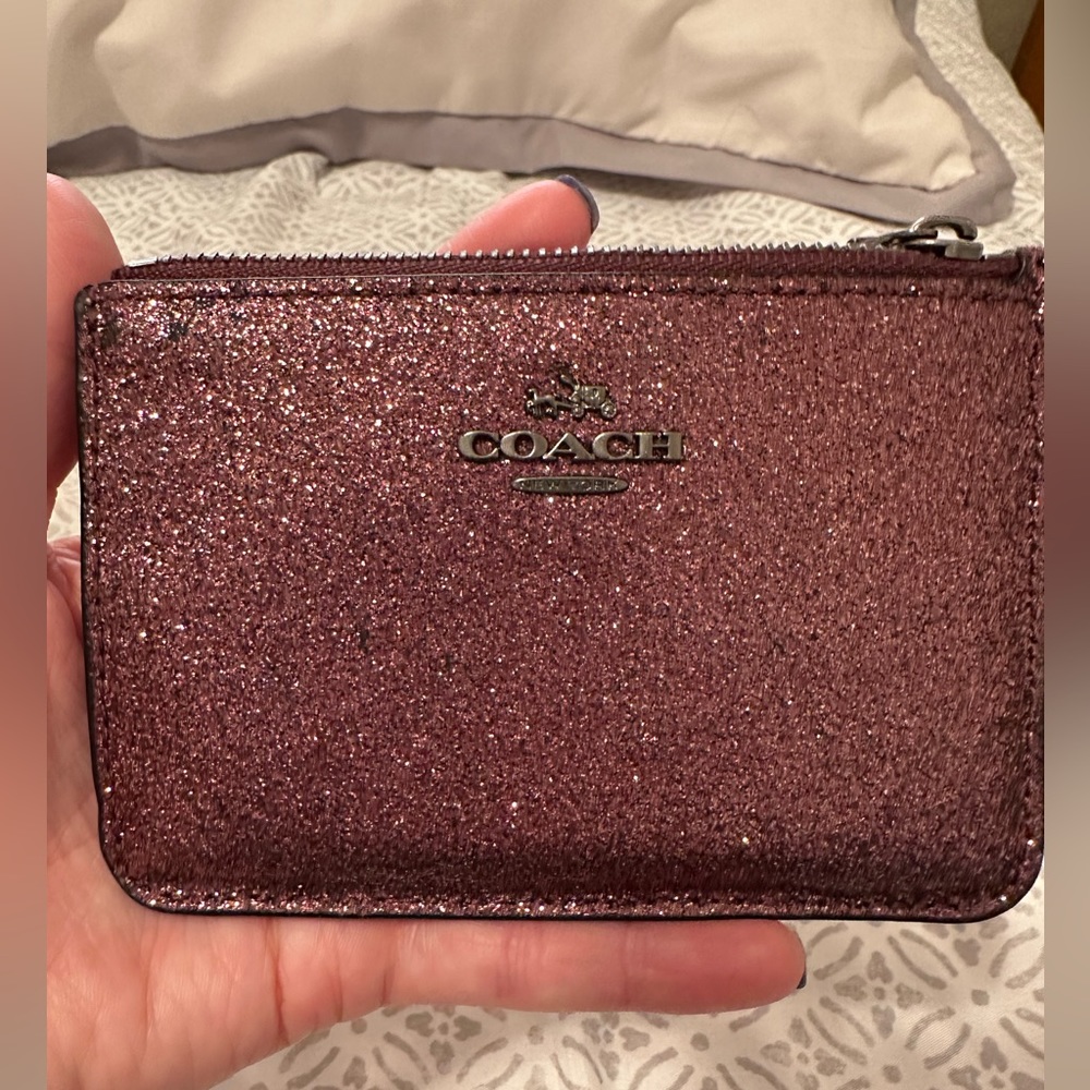 COACH top zip key chain/ mini ID wallet in glitter pink